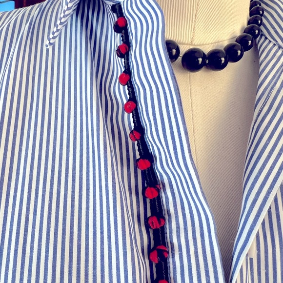 Stripes Blue and White Button Down Shirt with Red embellished piping detail - Picture 6 of 7